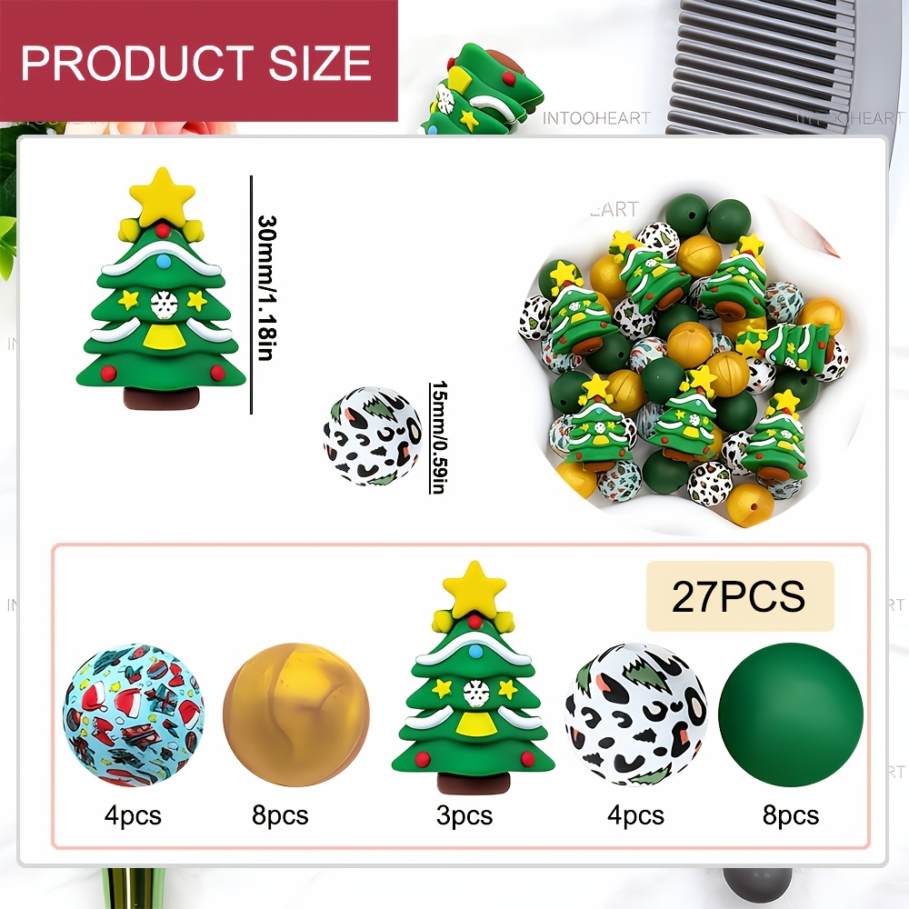 TEMU Lot de 27 perles en de sapin de Noël, accessoires de bricolage pour stylos perlés, bracelets, , etc., combinaison multi-tailles pour un