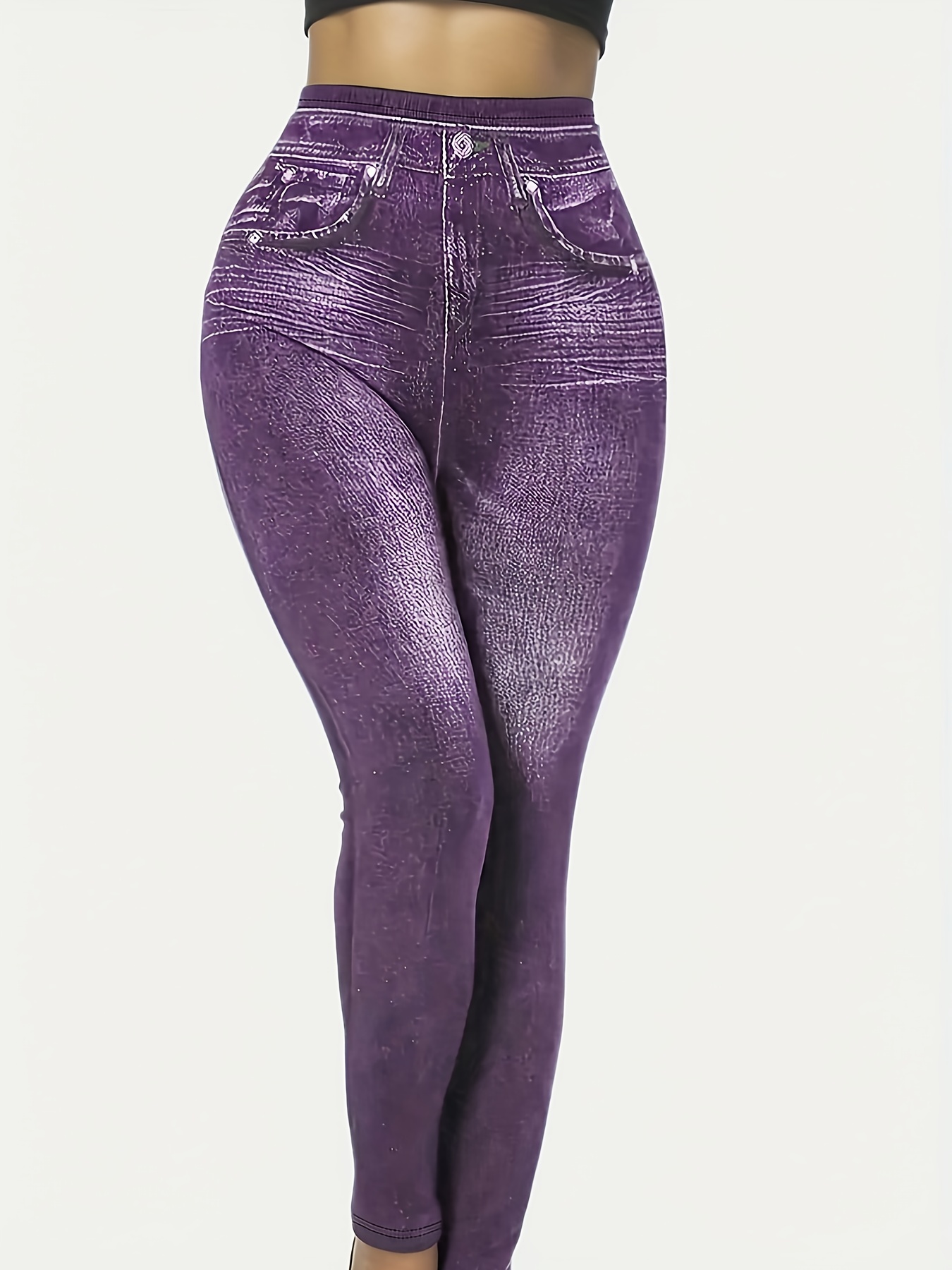[Pantalon Imprimé - Non en Denim] Grande Taille - [Pantalon Imprimé - Non en Faux Denim] Grande Taille - Leggings Grande Taille avec Impression Numérique Effet Denim, Pantalons Longs, Non en Faux Denim