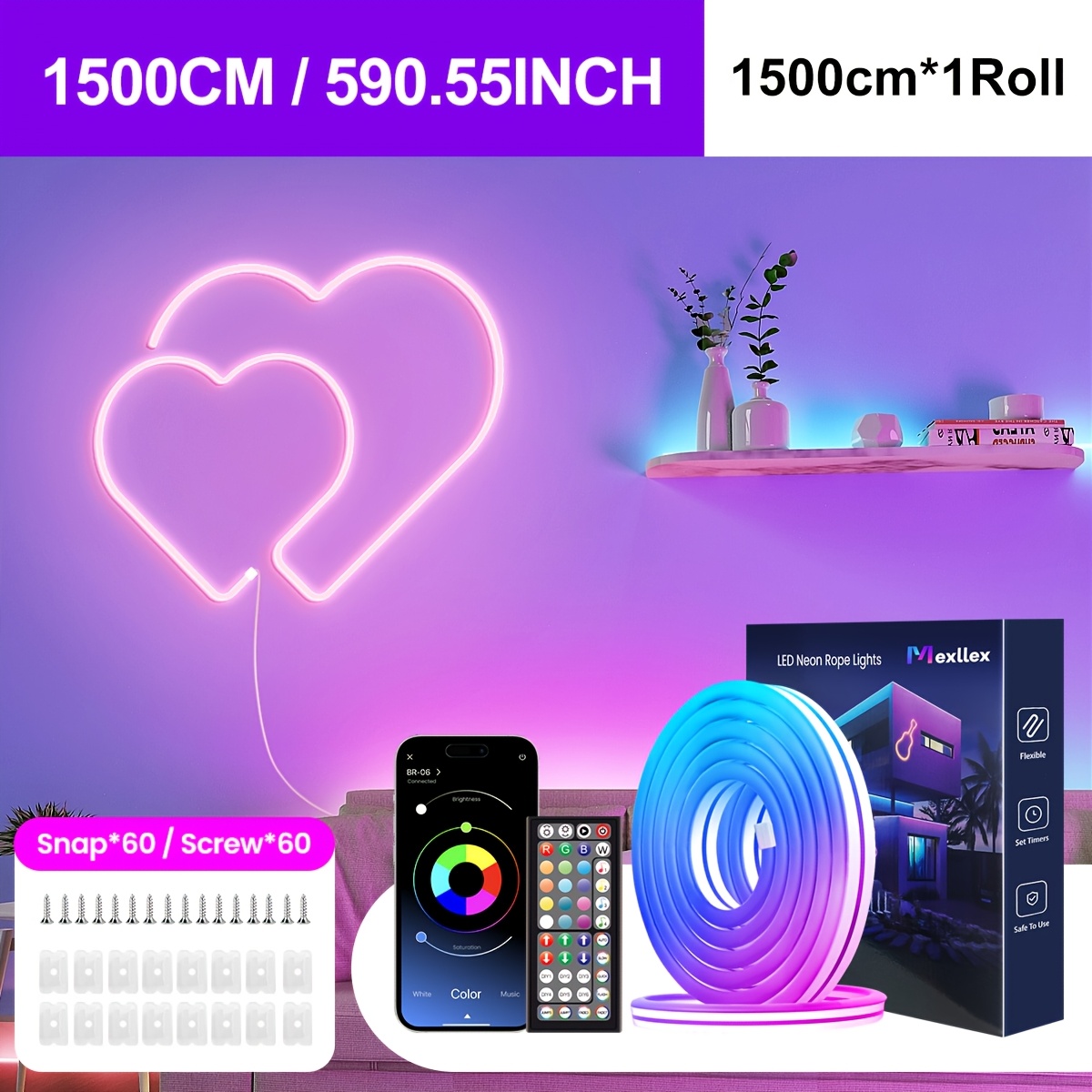 30m/15m/5m Rgb Led Rope Lights With Remote App Control, 16 Million Colors, Ip67 , Music Sync & Dimmable And Timer Functions, Flexible Neon Strip Lights For Bedroom Room Gaming Decor