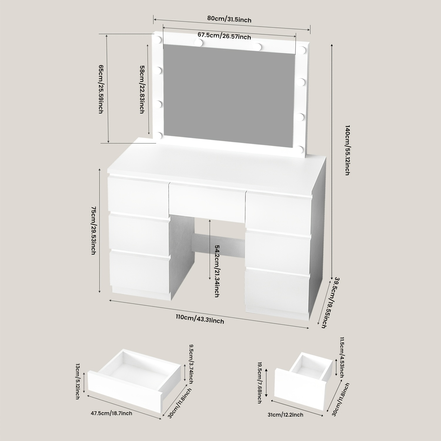 Dressing Table With Lights, Vanity Desk With Large Led Mirror And 7 Drawers, Makeup Desk 110x39.5x140cm, White Modern Bedroom Dresser