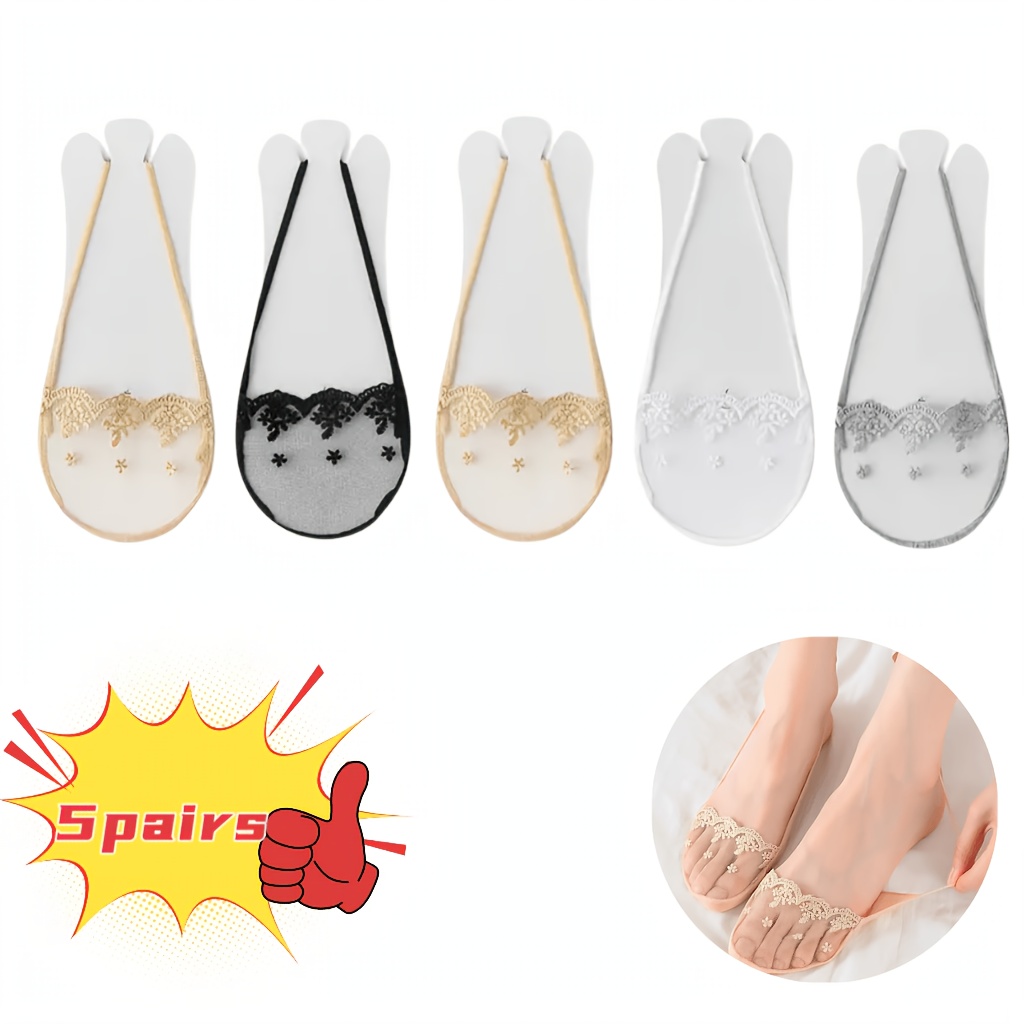 5-pair Lace Suspender Boat Socks, Summer Thin Half-palm Socks, Sweat-absorbent, Non-slip, Heel, Soft, Elastic, And Comfortable, Suitable For Daily Wear, Office, And Outdoor High Heel Invisible Socks