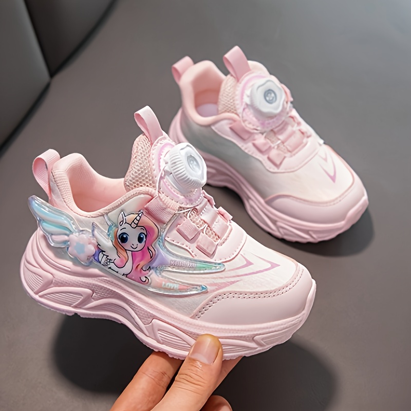 girls cartoon sneakers with rotating button cushioned non slip thick sole casual running shoes for teens breathable fabric wear girls shoes details 4
