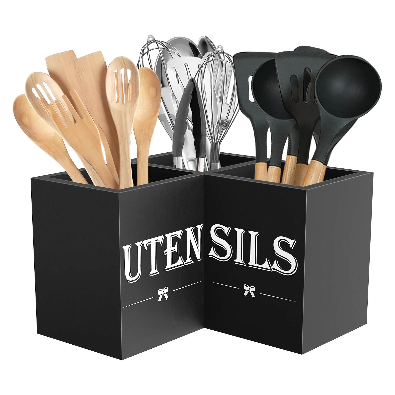 TEMU Soporte extragrande para utensilios de cocina de 3 compartimentos - Organizador de madera para encimera para espátulas, batidoras y cucharas -