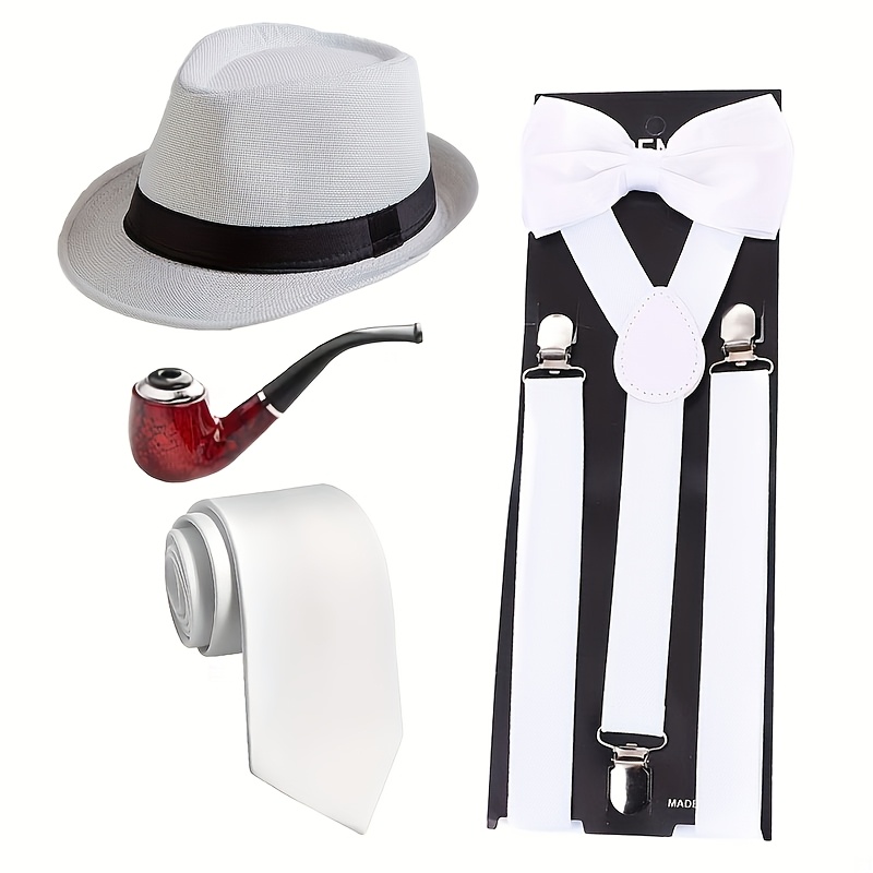 E-shop 4-teiliges 1920er Jahre Mode-Accessoire-Set für Damen Herren: Jazzhut, Fliege, Krawatte Hosenträger. Vintage-Stil Kostümzubehör für Damenpartys.