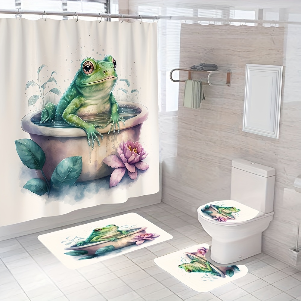 Tree Frog Pattern Shower Curtain 12 Hooks Bath Mats Set Non - Temu Japan