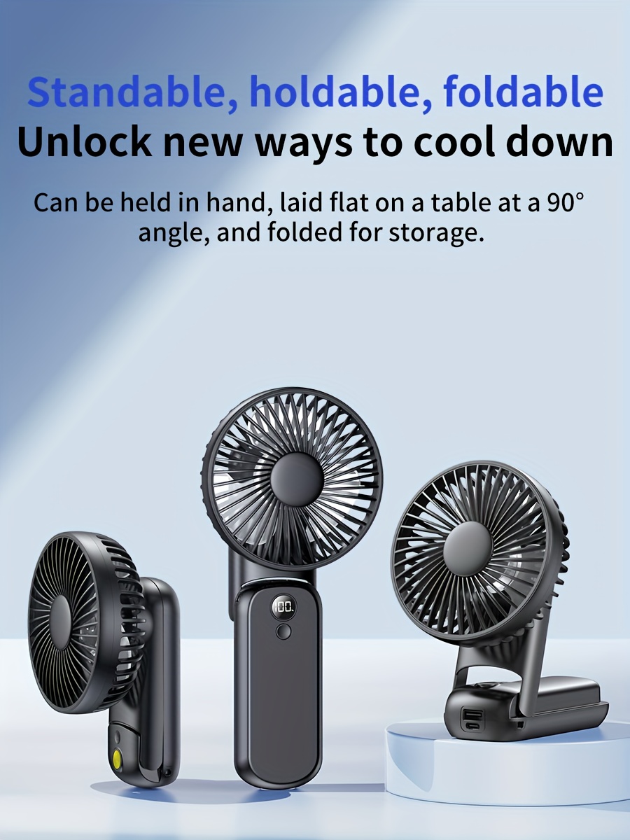 Handheld folding fan with USB charging, suitable for desktop office use, bedroom, outdoor travel, camping, neck hanging, students' classes, five wind levels, power level display, long-lasting battery life of 6000mAh, with charging treasure function