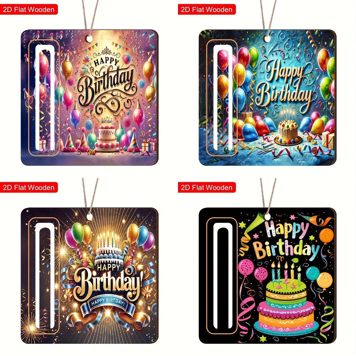 TEMU 2d Flat, 4pcs Happy Birthday Wooden Money Clips - Balloon And Cake Design, Suitable For Family Celebrations, No Electricity Needed, Birthday