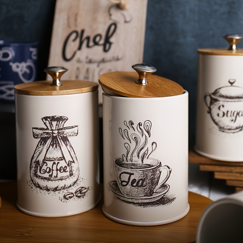 

3pcs Metal Kitchen Storage Canister Set With Wooden - Ideal For Coffee, Tea, Sugar | Food-safe, No Electricity Needed | Monochrome Illustrations On Wooden Cutting Board Display, Canisters