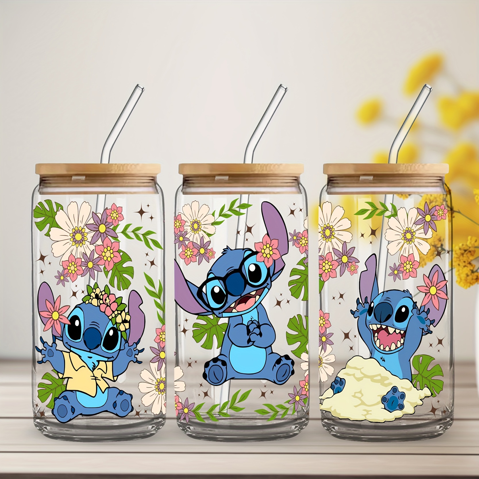 

1pc, Stitch Drinking Glass With Lid And Straw, 16oz Can Shaped Water Cup, Iced Coffee Cup, For Tea, Juice, Milk, Birthday Gifts, Drinkware