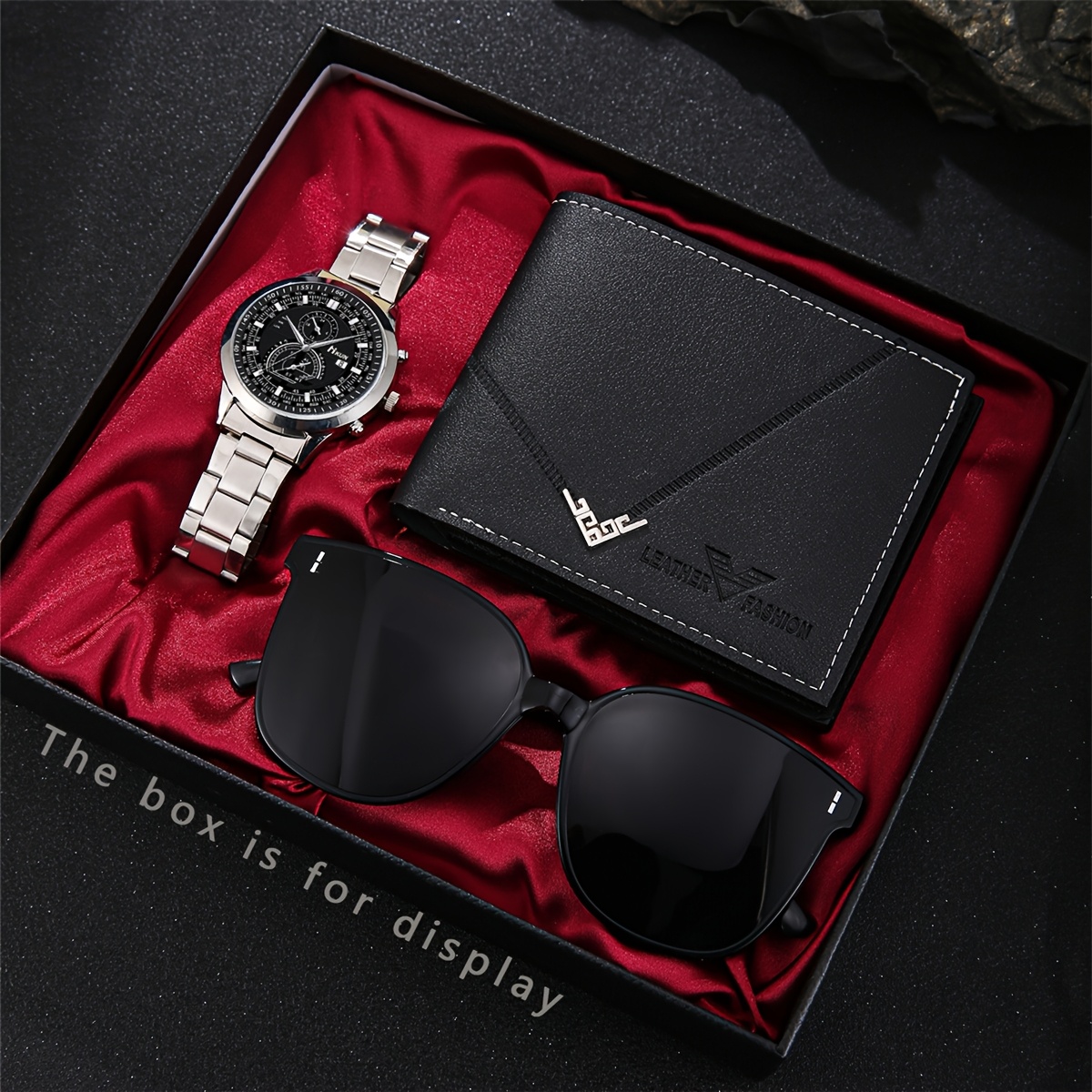 TEMU Set Of 3: Men's Business Quartz Watch, Wallet, And Glasses In A Gift Box - An Ideal Present For Him For Christmas And Valentine's Day