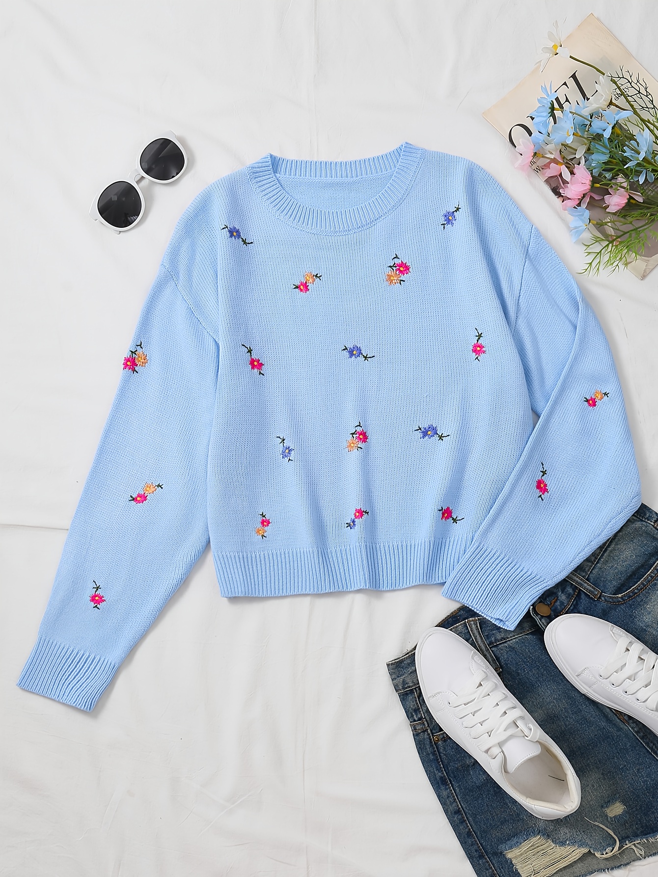 women' blue bird sweater elegant round neck long Temu Mauritius - Main Image