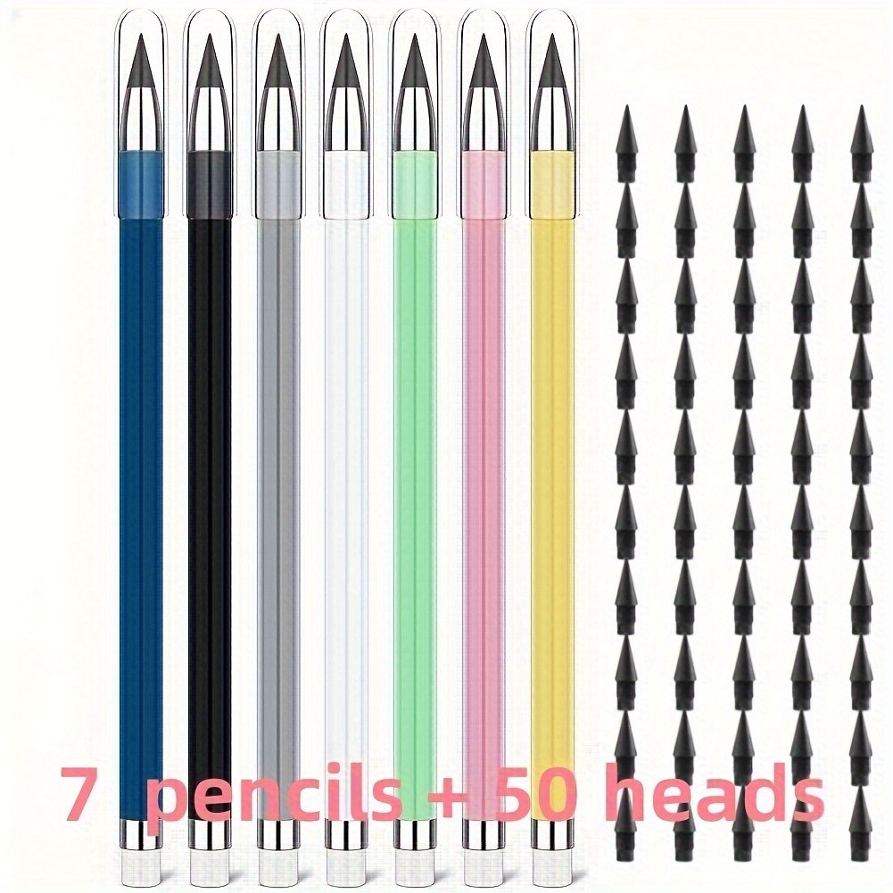 

1pc/7pcs 7 Pencils + 50 Heads Infinity Pencil With Extra 7 Eraser Reusable Inkless Everlasting Pencil For Writing Drawing Home Office School Supplies