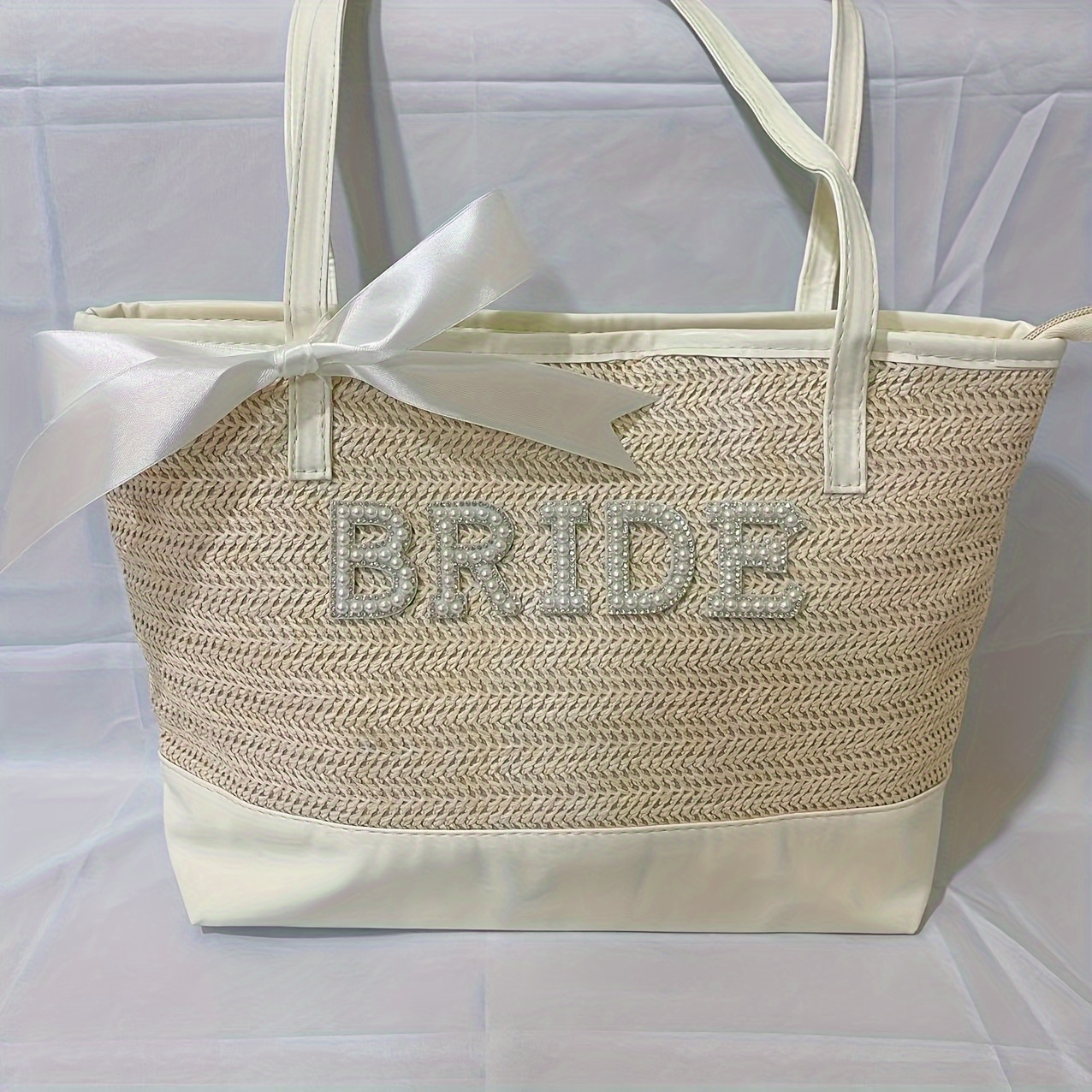 

Tote Bag With Pearl & Rhinestone Bow - Weddings, Bachelorette Parties, Showers, And Honeymoon Travel - Chic Shoulder Handbag In Pink/khaki/white/green