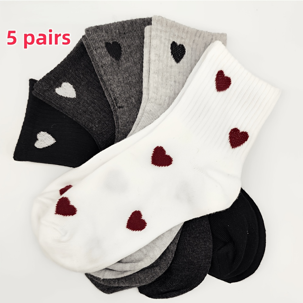 TEMU 5 Pairs Women's Mid-calf Socks With Heart Pattern, Calf Socks - Elegant Heart , Featuring A Heart Pattern In Fabric - Soft, Suitable For Hand