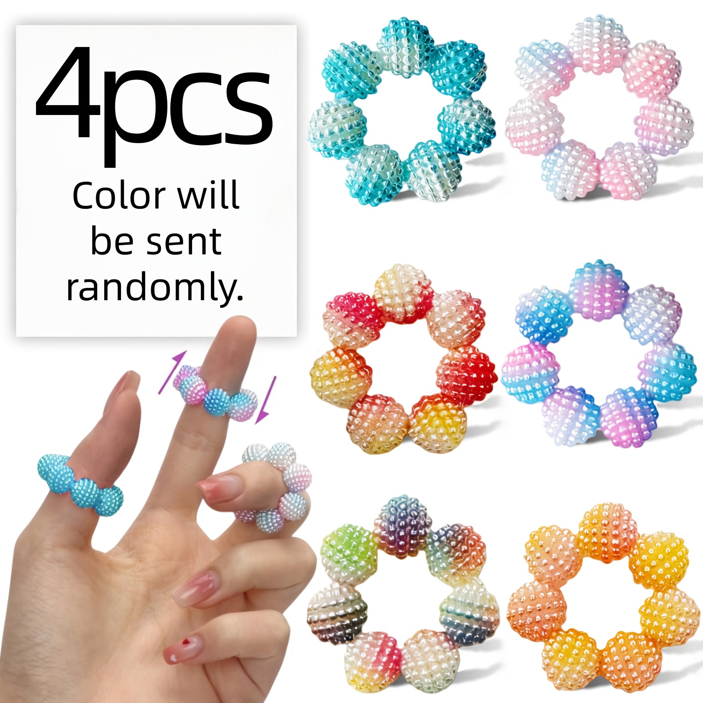 Image of 4 Pack Random Colored Bead Sensory Finger Rings - Adjustable Relax Anxiety Calming With Finger Rings Reduction, Multicolor For Adults, For Finger Massager, For Office Workers