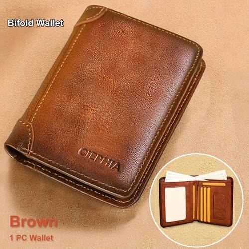 rfid blocking trifold genuine leather wallets for men top layer cowhide vintage short multi function credit card holder money clips with 2 id windows valentines day gifts for men