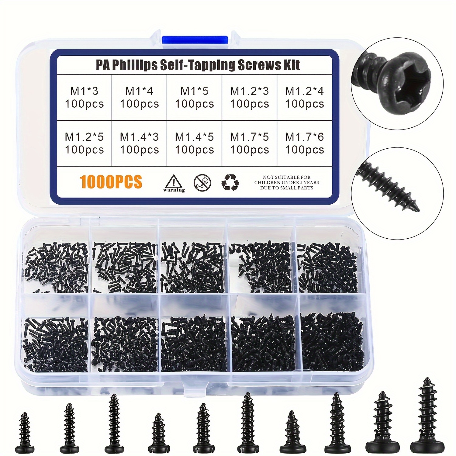 Assortment Kit Of 1000 Small Phillips Pan Head Screws, Ideal For Micro Tiny Electronic Repairs Such As Glasses, Watches, And Phones