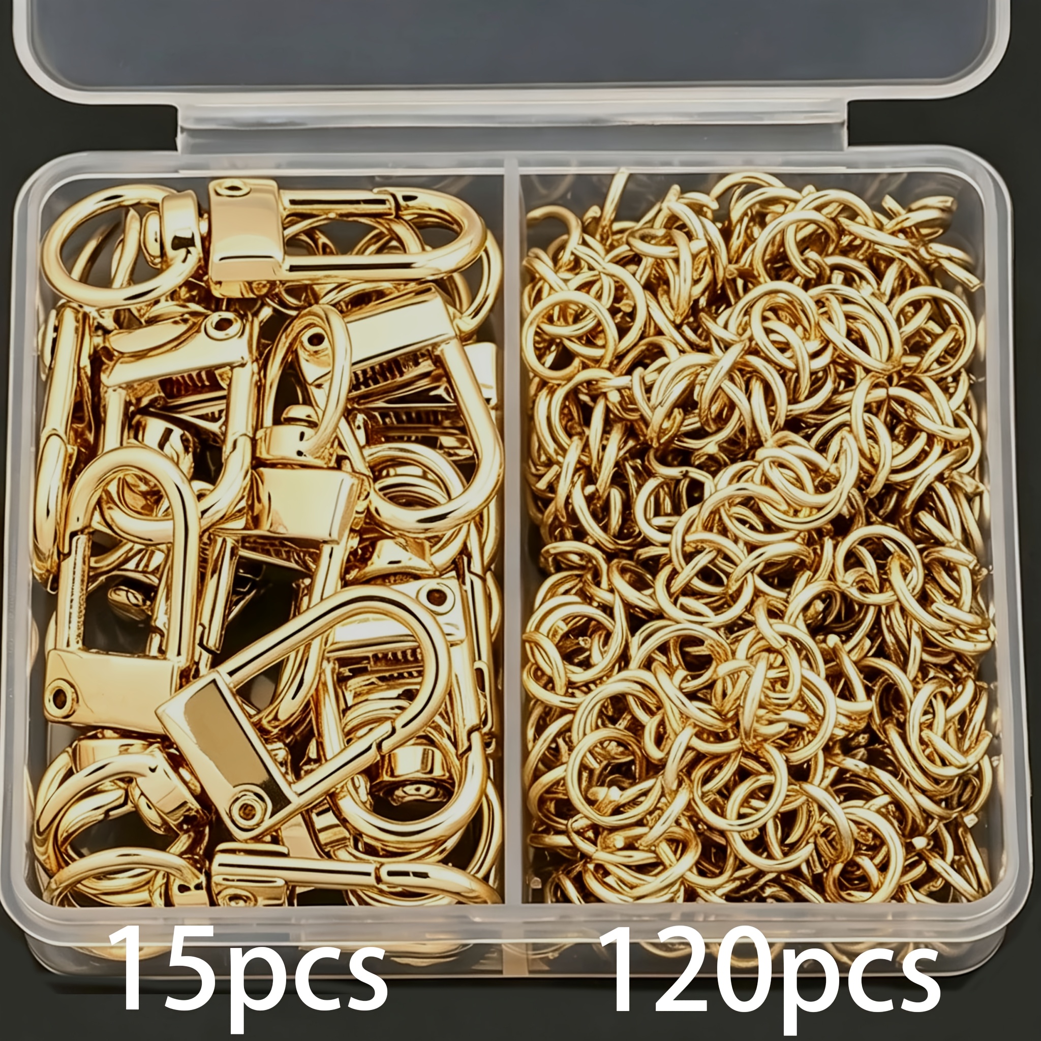 TEMU Set di pezzi per di gioielli KC Golden, 135 pezzi/scatola, 15 portachiavi rotanti in di e 120 anelli aperti , portachiavi a forma di U, anelli