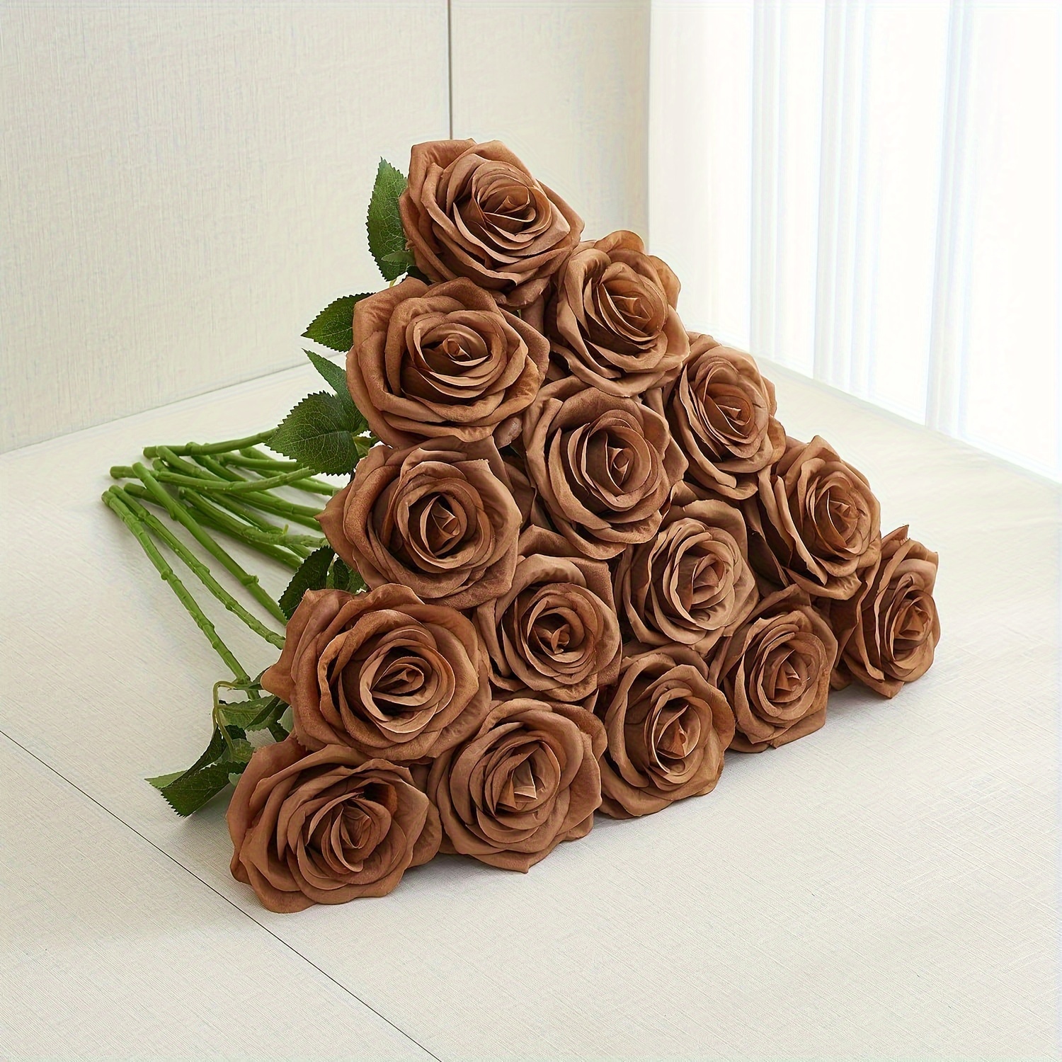 

Fabric Artificial Roses With Long Stems And Realistic Leaves, Set Of 6, Chocolate Brown Accents And Embellishments For Crafts And Decor