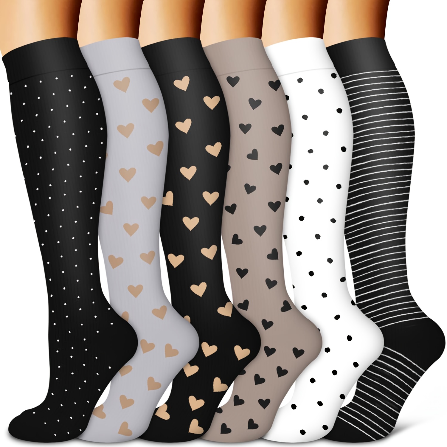 6-Pair   Compression Socks - Knee-High Stockings with   Options (Black, Grey, White, Golden, Beige, Clear/Black Toe) - Breathable Low-Pressure Design for   - Ideal for Nurses, Running, Cycling, Hiking, Travel - Orthopedic &   Circulation -   Options ( /Polka Dots/Plain) -  -Grade Compression Socks, Plus Size Compression Socks for Women, Knee Socks, Compression Socks for Women to Swelling,