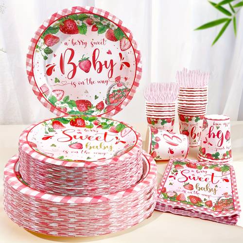 120pcs Strawberry Baby Theme Party Supplies Kit (20 Guests), Farmhouse Disposable Tableware Set, A Baby/ Girl Baby Shower/ 1st Birthday Decorations, Party Plates, Cups, Napkins, Knives, Forks, New Year, Valentine s Day