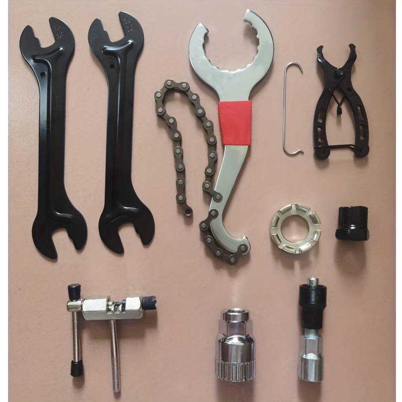 TEMU 9pcs Multi-functional Bicycle Maintenance Tool Kit | Bike Chain Breaker, Cassette Remover, Crank Puller Wrench Set For Road And Mountain Bikes