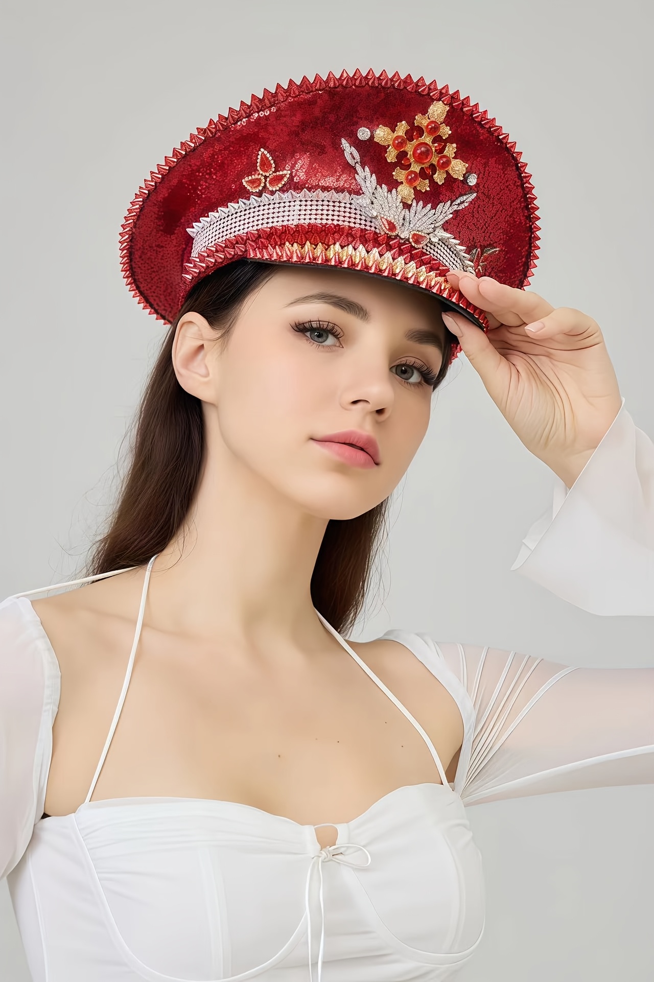 Red Bling Steampunk Captain Hat Rhinestone - Sparkling Military Cap for Women, Steampunk Hat, Captains Hat Music Parties \u0026 Cosplay Costumes | Shiny, image size:800x1201