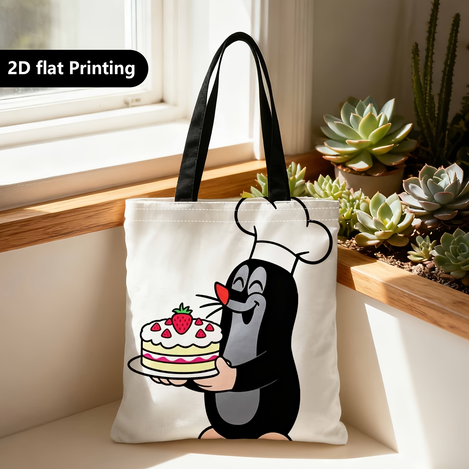 TEMU Shopper Bag,shopping Portable Shoulder Back Hand-held Bag,2d Double-sided Ing,, Holding Cake, Chef Hat,suitable For Travel, Cosmetics, Holiday