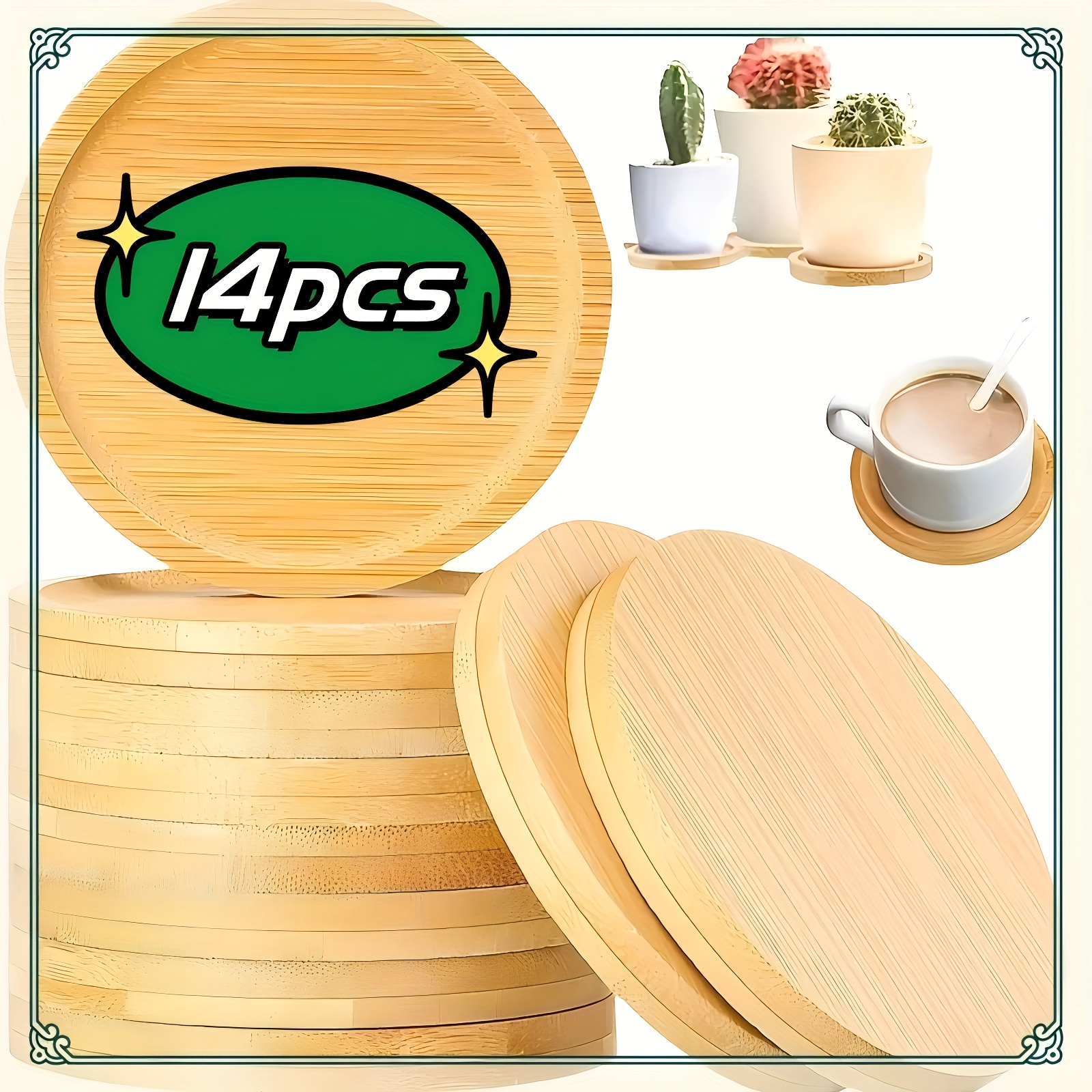 Image of 14pcs Bamboo Coaster Set - Diy Mosaic Coasters, Minimalist Style, Heat Insulation, Anti-slip Kitchen Accessories, Tea Cup Mats, Room Decor, Handmade Birthday Gift | Uncut Wood
