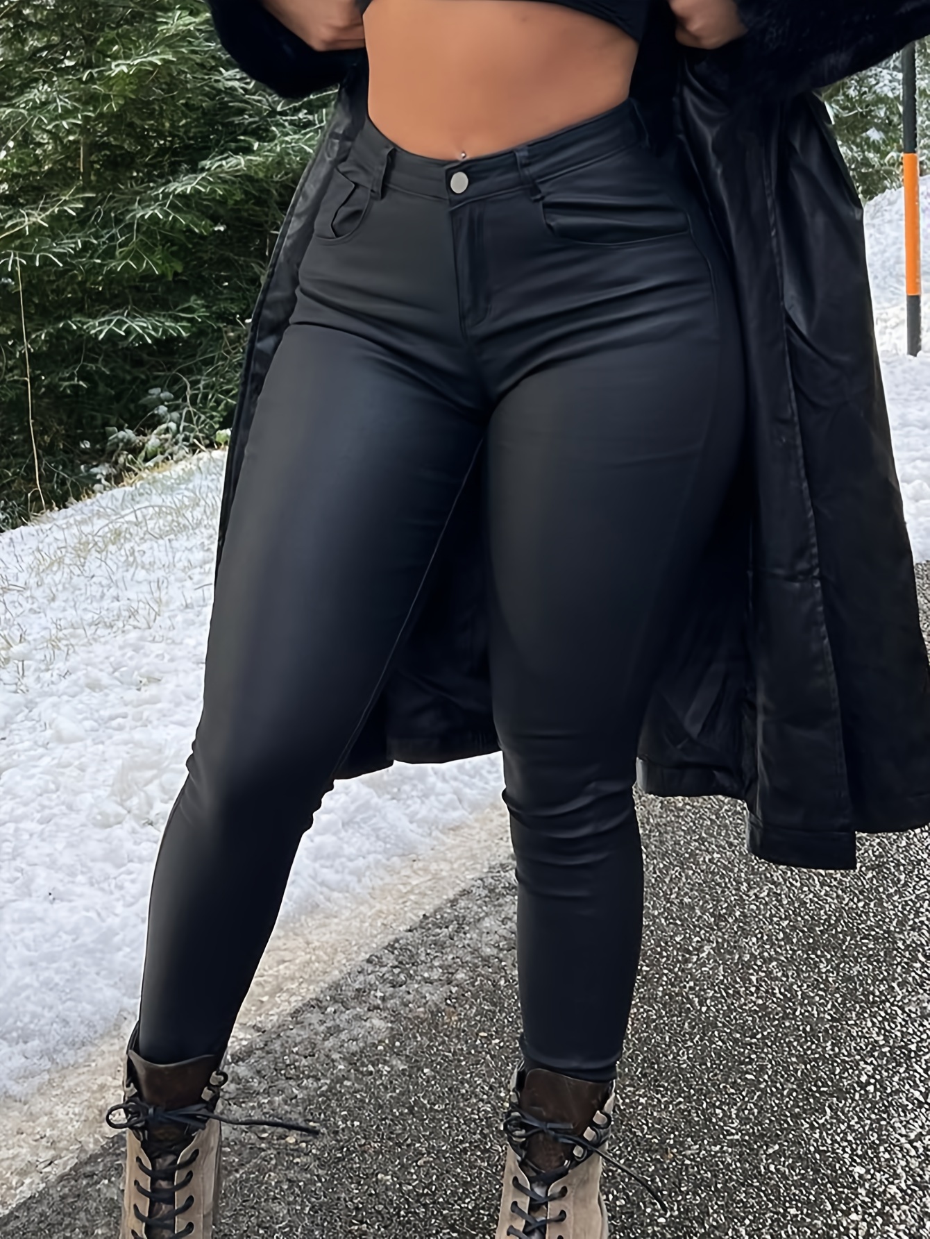 Faux Leather High Fleece Skinny Pants, Sexy High Waist Thermal Leggings,  Women's Clothing