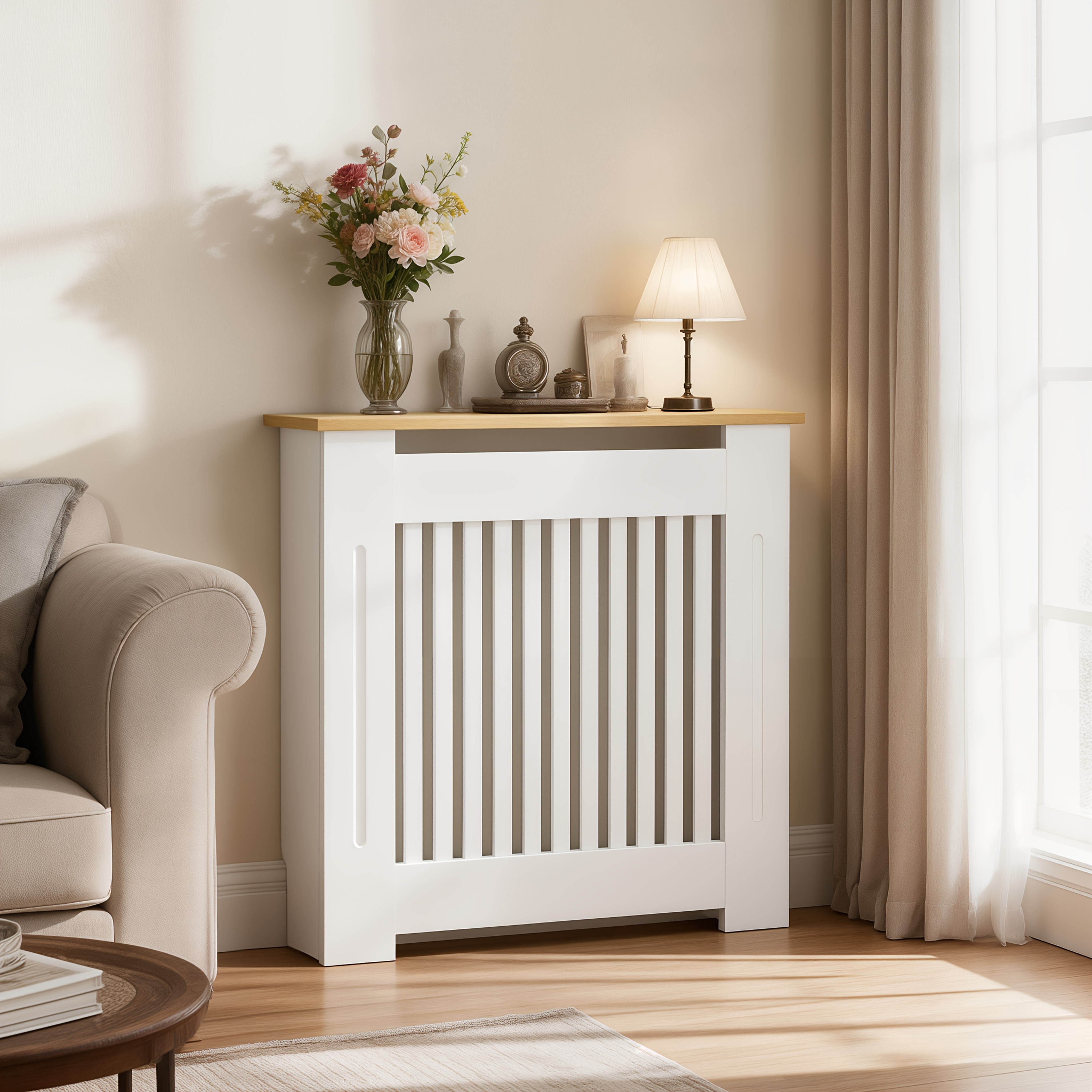 TEMU External 83cm High Radiator Cover Wood Cabinet Height With Natural Wood Effect Shelf Top Small Heater Covers Internal 90cm Vertical Slats Modern