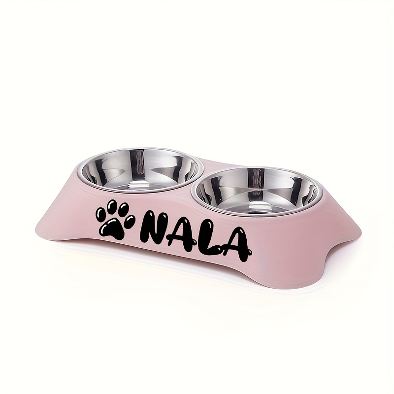 TEMU Customizable Names Or Texts, Personalized Double-bowl Pet Bowl, Made Of Stainless Steel, Suitable For Feeding And Water Bowls For Cats And Dogs,