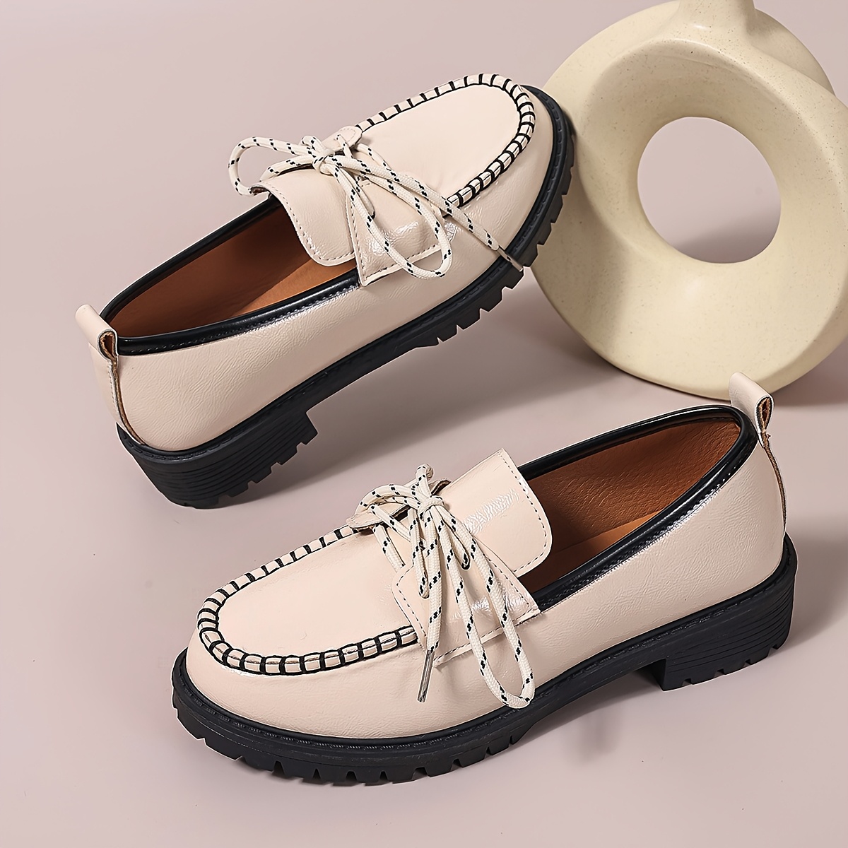 womens chic white loafers black accents casual lace soft Temu