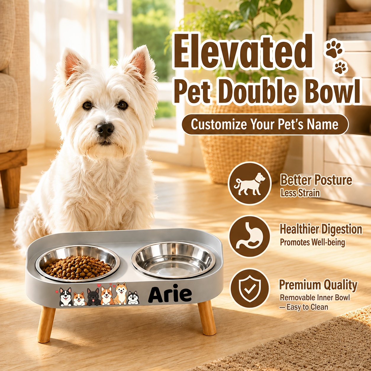 Raised Double Bowl Feeder with Custom Pet Name