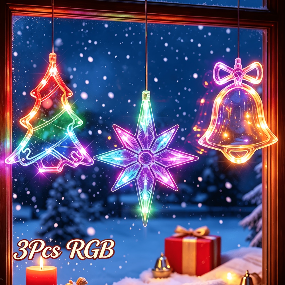 TEMU 3pcs Christmas Window Lights With Suction Cup, Led Hanging Lights Battery Operated, Fairy Lights Indoor For Bedroom Window Wall Balcony, Holiday