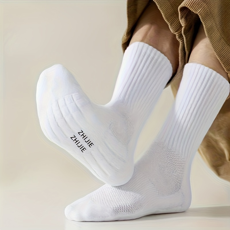 

5 Pairs Men's Mid-crew Athletic Socks - Sweat-absorbing, Breathable With Towel Bottom, Ideal For Basketball, Running & Outdoor Activities, White, Sports Socks|ribbed Cuff Sleeves| Socks