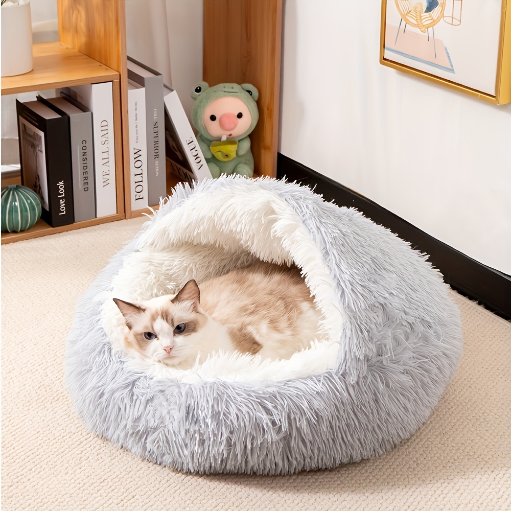 1pc classic plush shell cat bed with hood cozy half enclosed pet nest for cats and small dogs warm comfortable polyester fiber material non electric easy assembly Product details 0