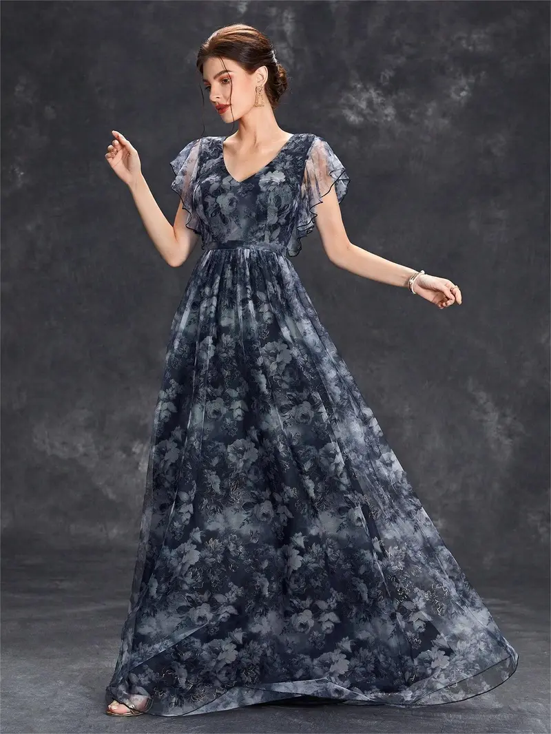 elegant womens deep v neck bridesmaid dress with short sleeves floral print lace trim satin mesh overlay ruffle hem a line long skirt weddings and formal events wedding guest attire floral print dress Product details 4