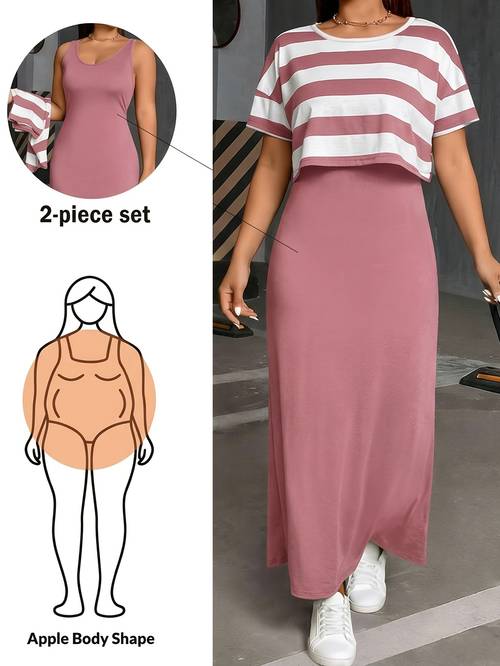 plus size womens fashion casual versatile commuter striped pattern printed top and dress set j1493