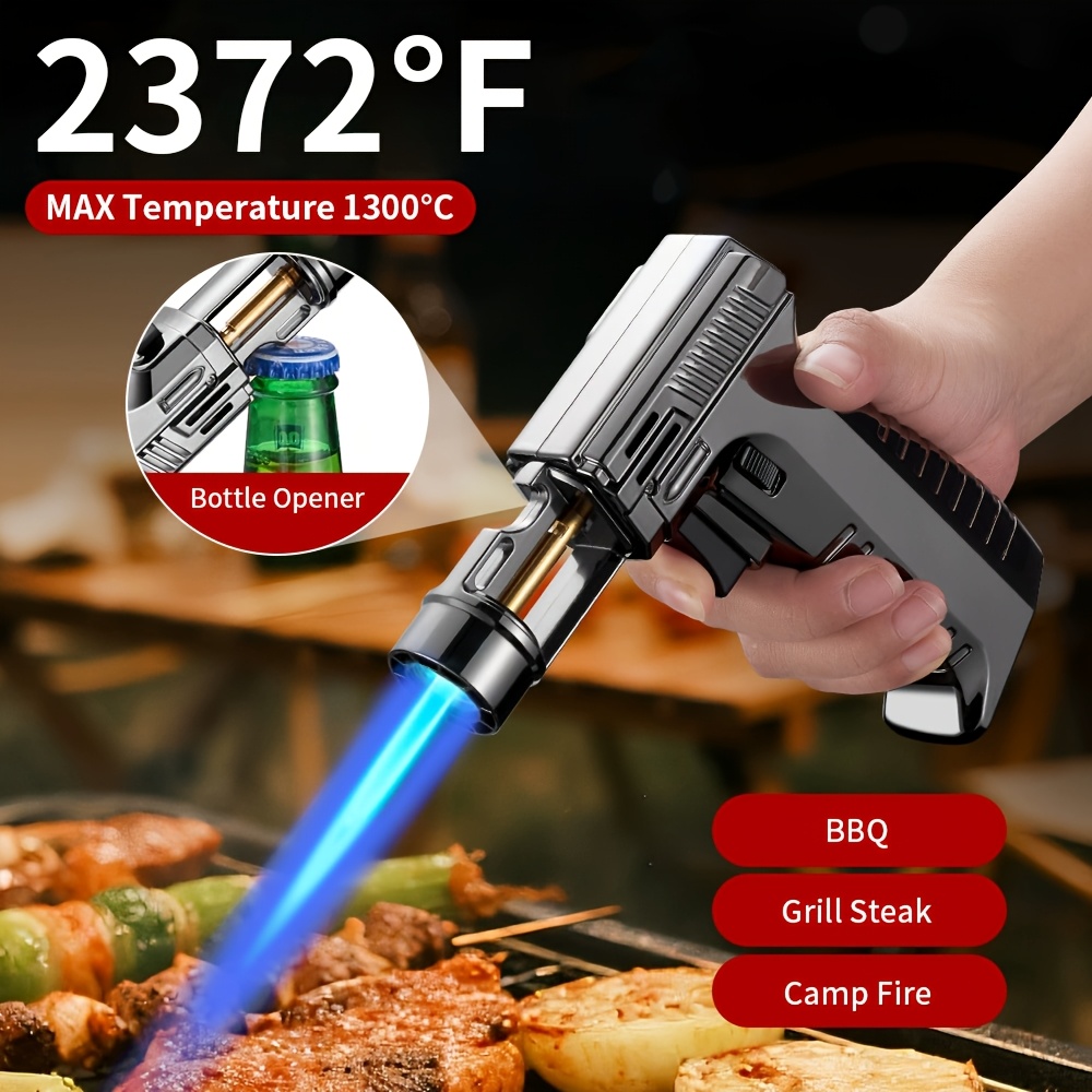up to 6 inch max temperaturg 2372 f butane   with safety lock adjustable flame       with inflation and deflation nozzles windproof   for grilling baking cooking butane gas not included Product details 1