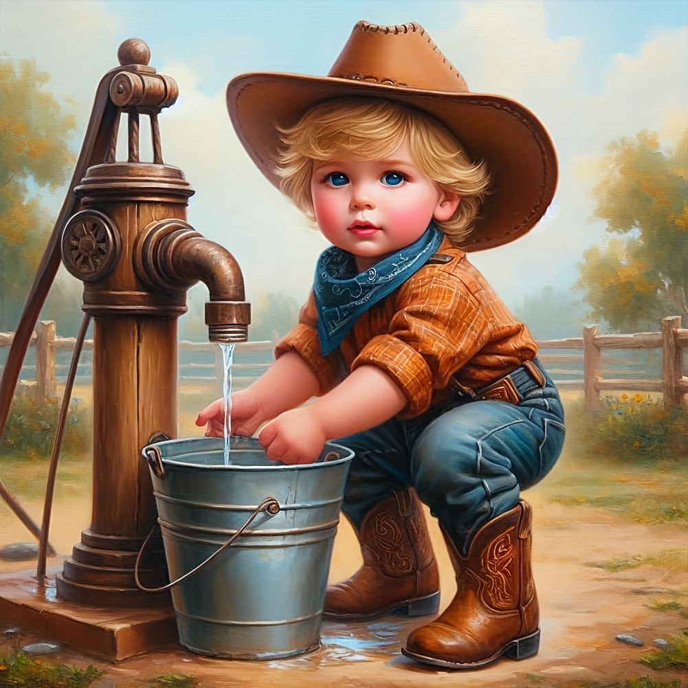 

Little Cowboy At Water Pump - Diy 5d Diamond Painting Kit, Round Acrylic Diamonds, Embroidery Cross Stitch Arts Craft For Home Wall Decor, People Themed Diamond Art Gift Set