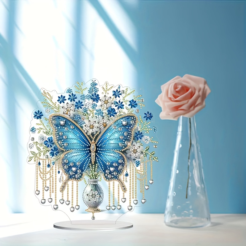 

Acrylic Diamond Painting Kit - 3d Butterfly And Flowers Vase Design | Diy Irregular Shaped Diamond Art Craft | Insect Theme Decorative Piece For Office Desk | Creative Home Decor Gift Set