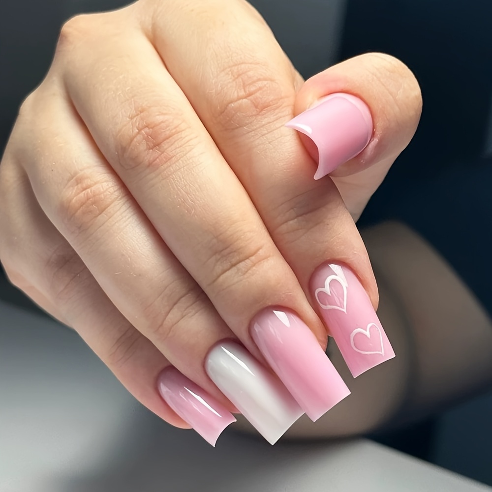 TEMU 24pcs Long Square Press-on Nails Suitable For - European Style / Valentine's Day Heart & Solid Gel Nails With Gel Glue & Nail File - Full Cover