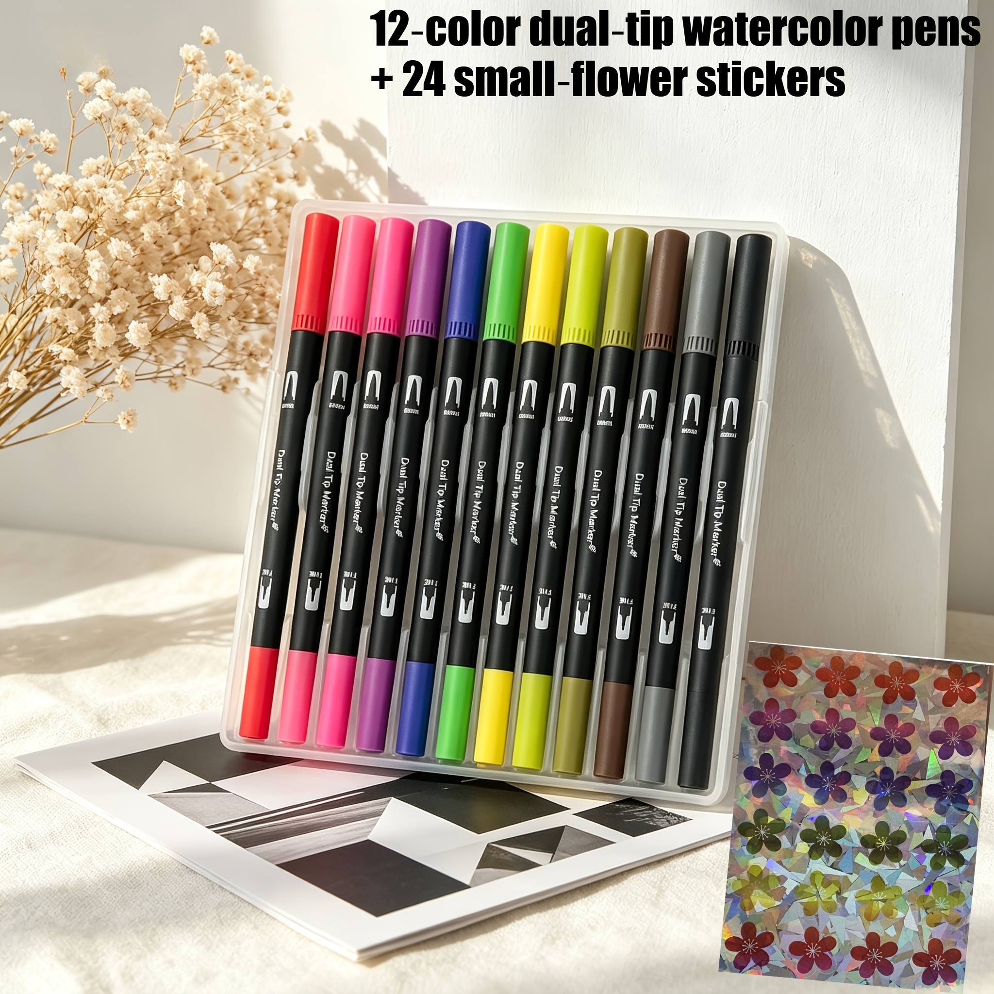 TEMU Rotuladores de de punta y ancha con colores y cierre a presión - Marcadores artísticos de adecuados para caligrafía, dibujo, acuarela, -