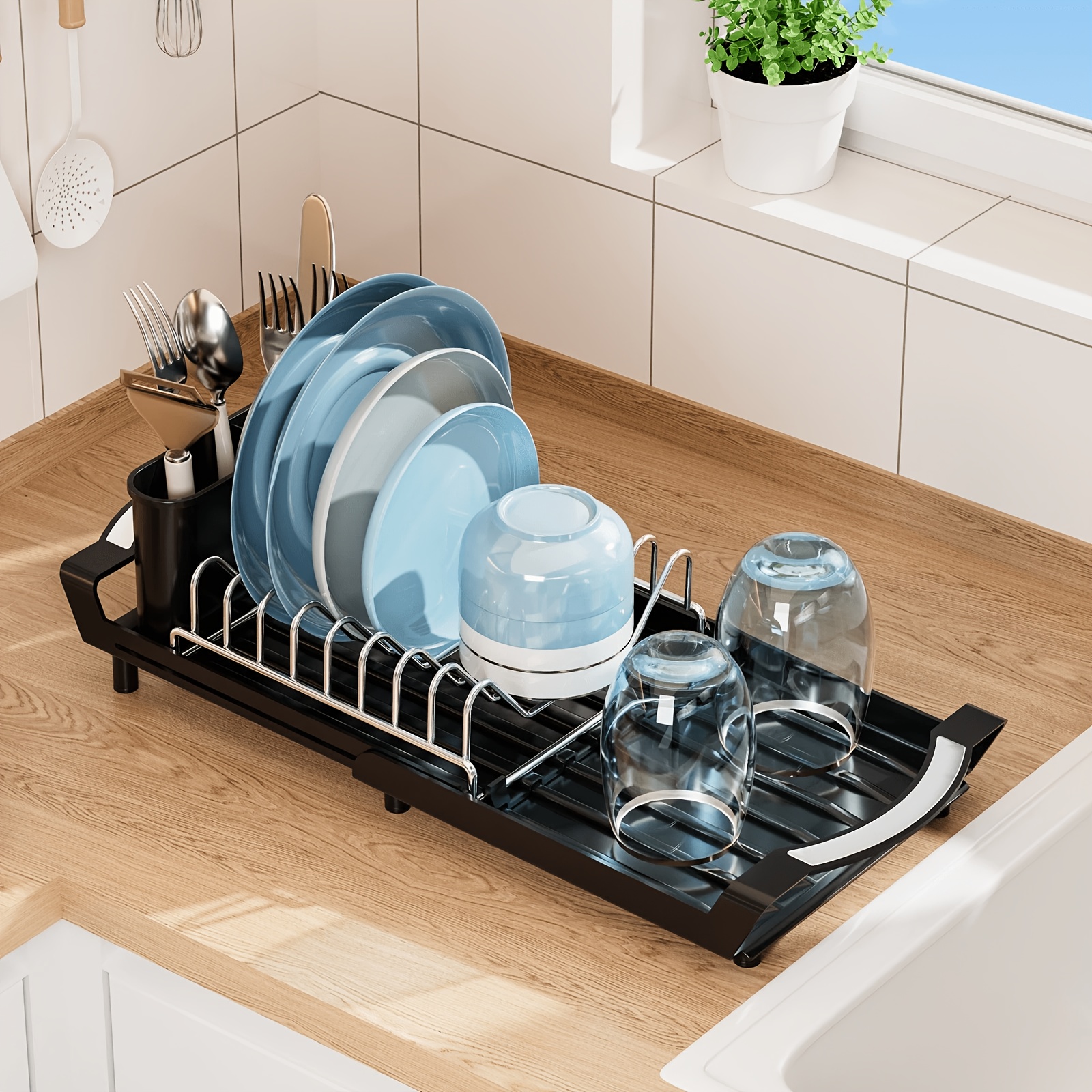 TEMU 1pc Compact Dish Drying Rack Expandable Dish Drainer With Automatic Drainage And Cutlery Holder For Kitchen Sink And Countertop