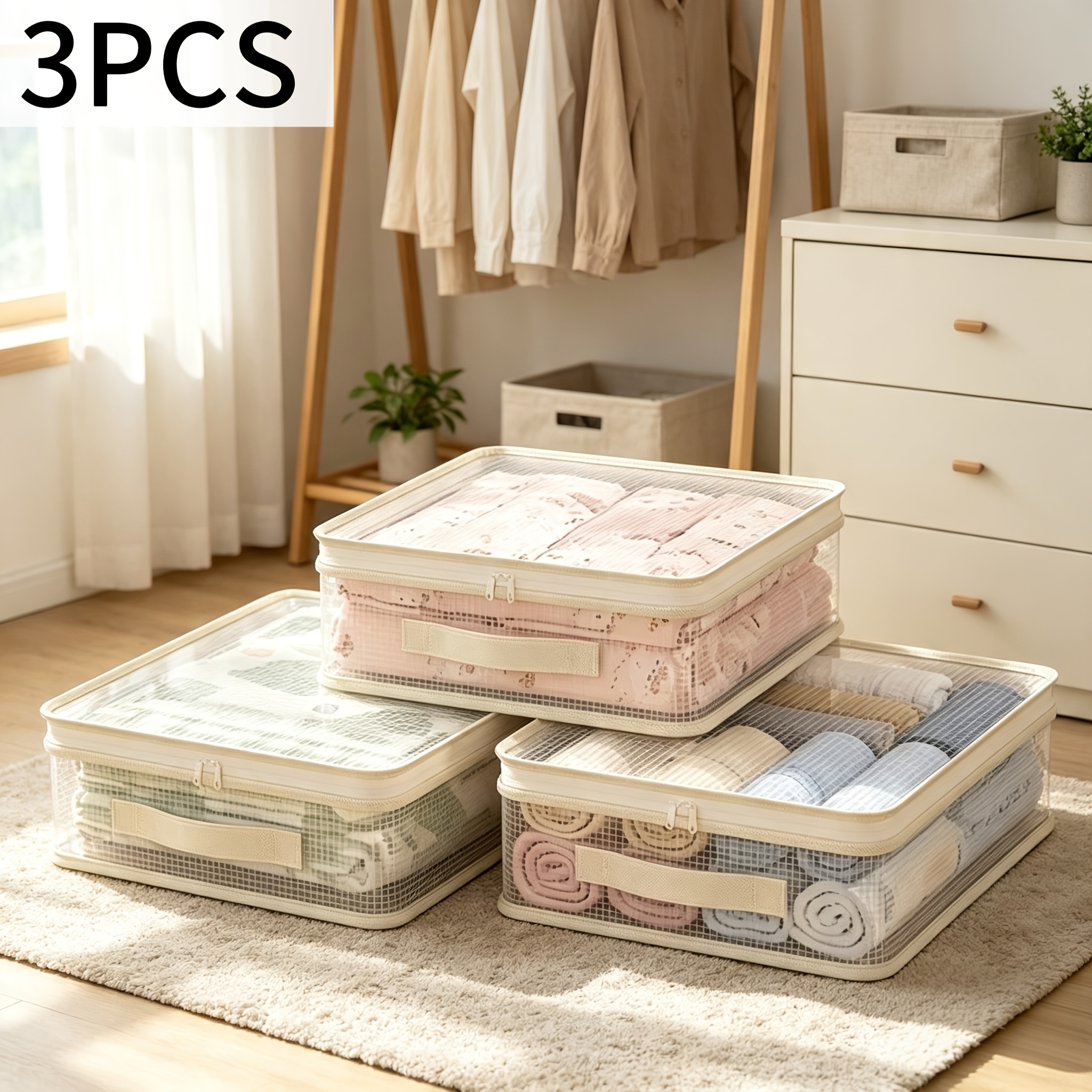 TEMU 3pcs Set Of Foldable Zipper Storage Bags | Transparent Storage Boxes With Handles | Space-saving Organizer Boxes | Suitable For Closets And