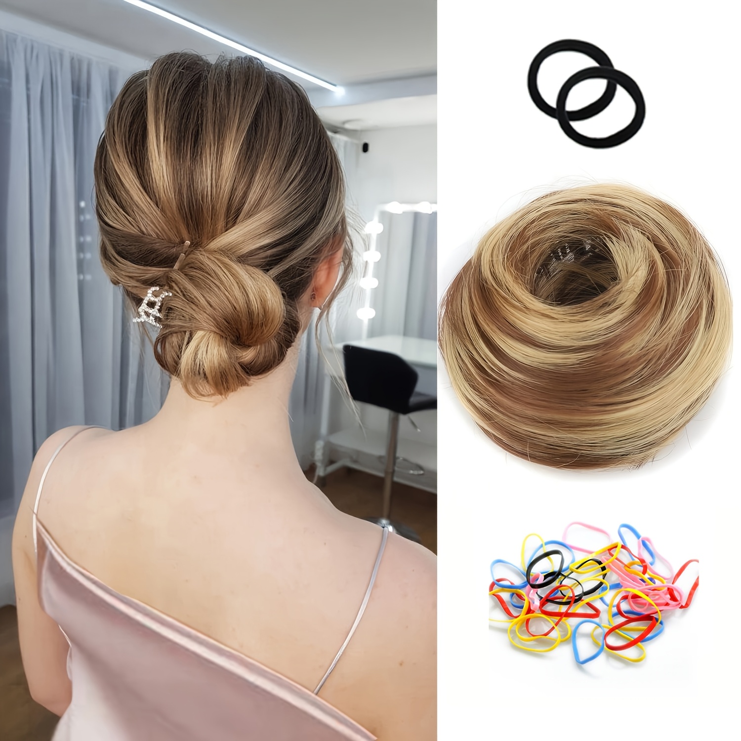 TEMU Elegante Magische Haarknoop Maker 4 Inch Synthetische Haarclip Verstekkingen en Kleurrijke Elastische Band, Hoge Temperatuur Fiber Opsteekkapsel