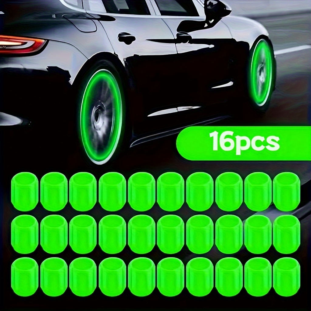 16pcs Luminous Tire Valve Stem Caps, Universal Glow-in-the-Dark Wheel Valve Covers for Bikes Motorcycles Cars - Durable Plastic, Dust-Proof & Leak-Proof