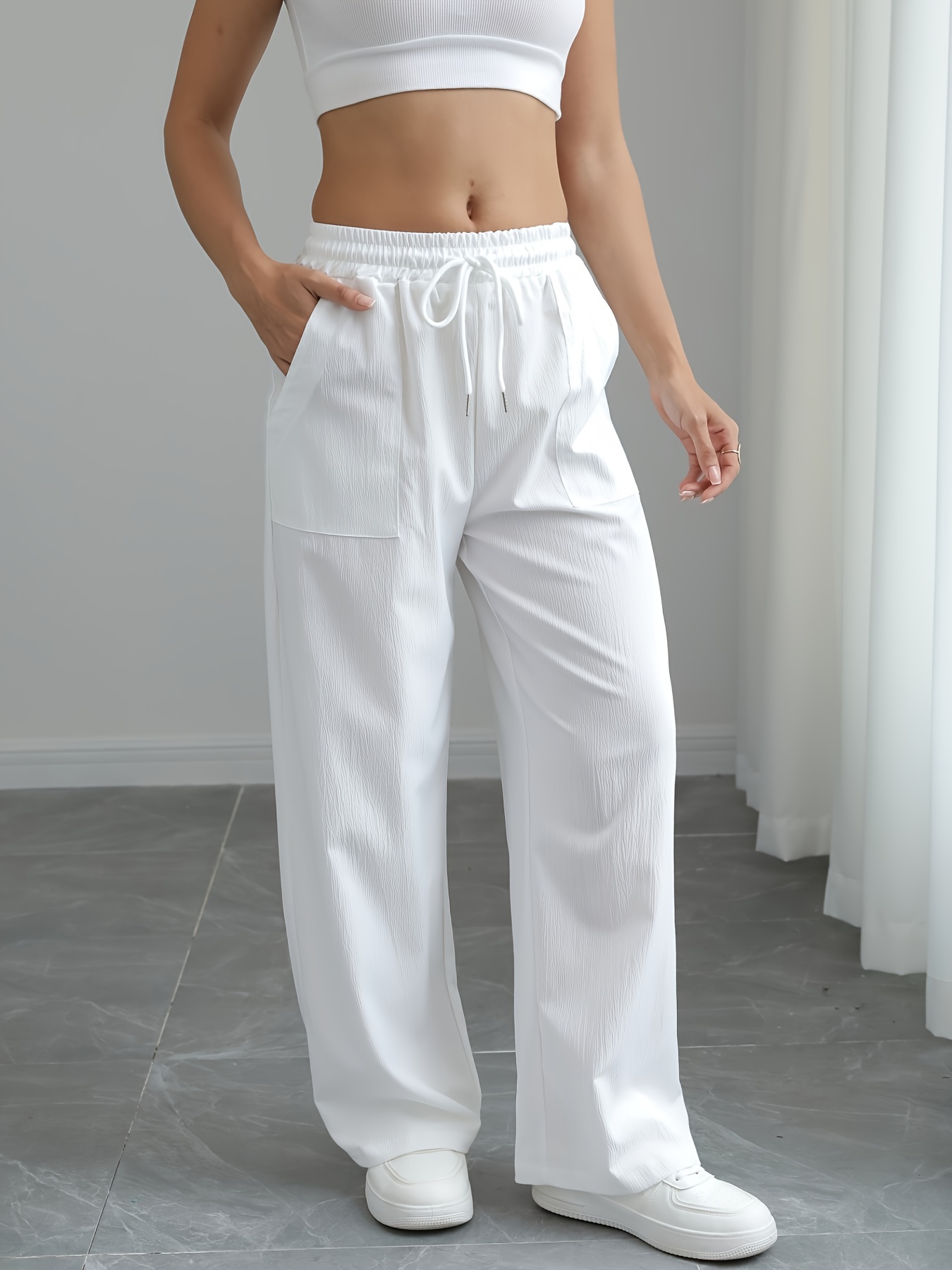 womens casual solid color loose wide leg high waist with drawstring slightly stretchy straight pocket cargo trousers