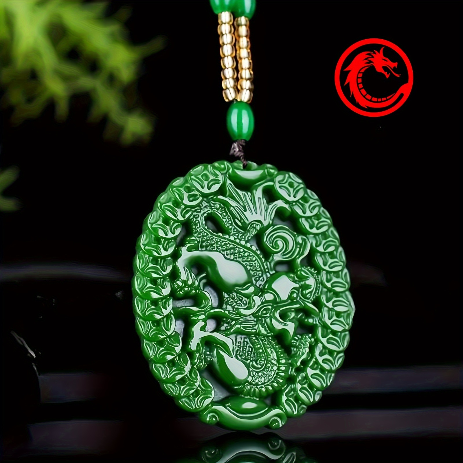

Natural Green Jadeite Zodiac Dragon Pendant Necklace, Fortune Money Dragon Jade Peace Plate, For Women